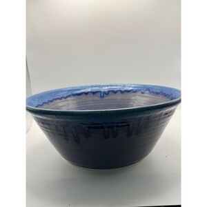 Handmade Studio Pottery Blue Drip Glaze Stoneware Serving Bowl Artisan Signed